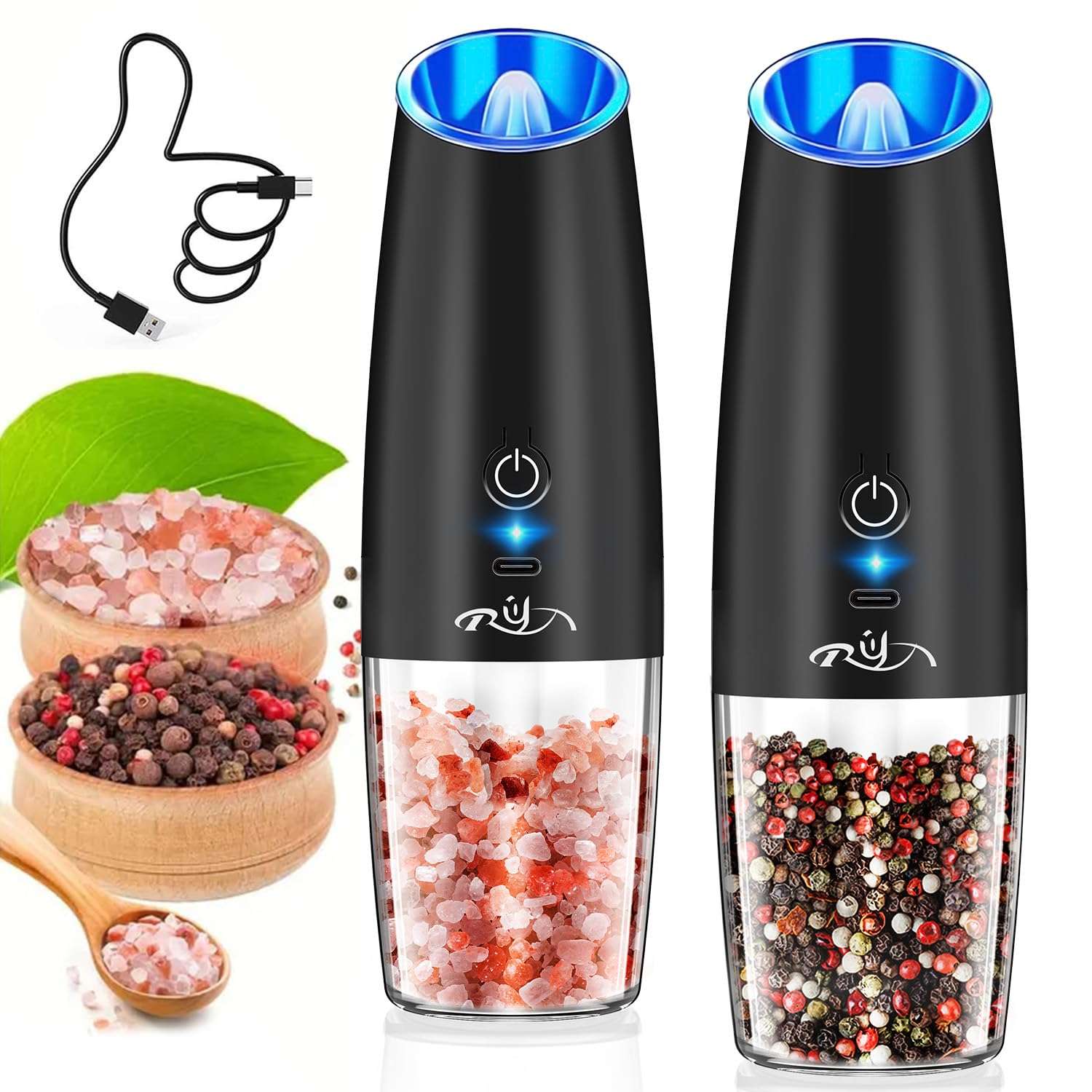 Rongyuxuan Upgraded Rechargeable Gravity Electric Salt and Pepper Grinder Set with LED lights,Stainless Steel Automatic Pepper or Salt Grinder Mill Shaker Refillable with Adjustable Coarseness,Black