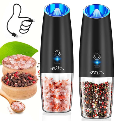 Rongyuxuan Upgraded Rechargeable Gravity Electric Salt and Pepper Grinder Set with LED lights,Stainless Steel Automatic Pepper or Salt Grinder Mill Shaker Refillable with Adjustable Coarseness,Black