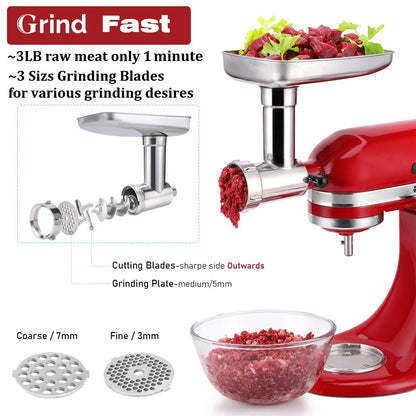 Stainless Steel Food Grinder Attachment for KitchenAid Mixers, Dishwasher Safe, Strong Meat Processor Accessories Included 3 Sausage Stuffer Tubes