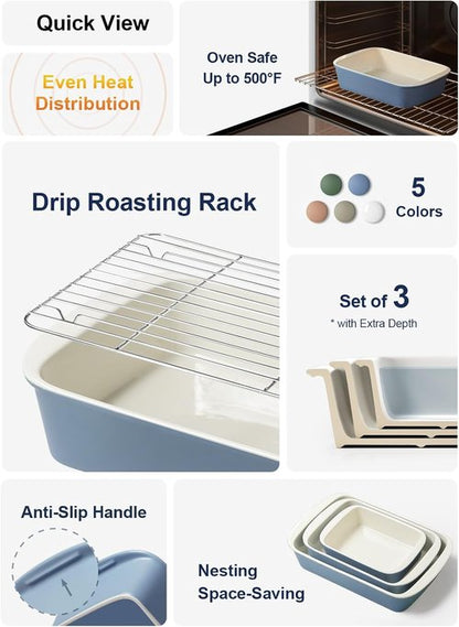LE TAUCI Ceramic Baking Dish Set - Large Deep Casserole Dishes with Handles | Dusty Blue, Set of 3 (4.6QT/3.0QT/1.6QT)