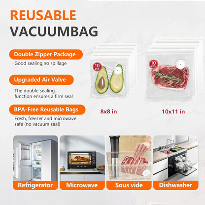 Skiennix 2-in-1 Vacuum Sealer - Portable Food Sealing Machine with 20 Reusable Bags & 4 Mason Jar Lids