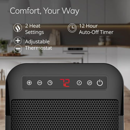 Lasko MyHeat Max Portable Ceramic Space Heater, Tip Over Switch, Overheat Protection, 2 Heat Settings, Adjustable Thermostat, Timer, for Indoor Use, Home, Office, 9 Inches, 1500W, Black, CD09101