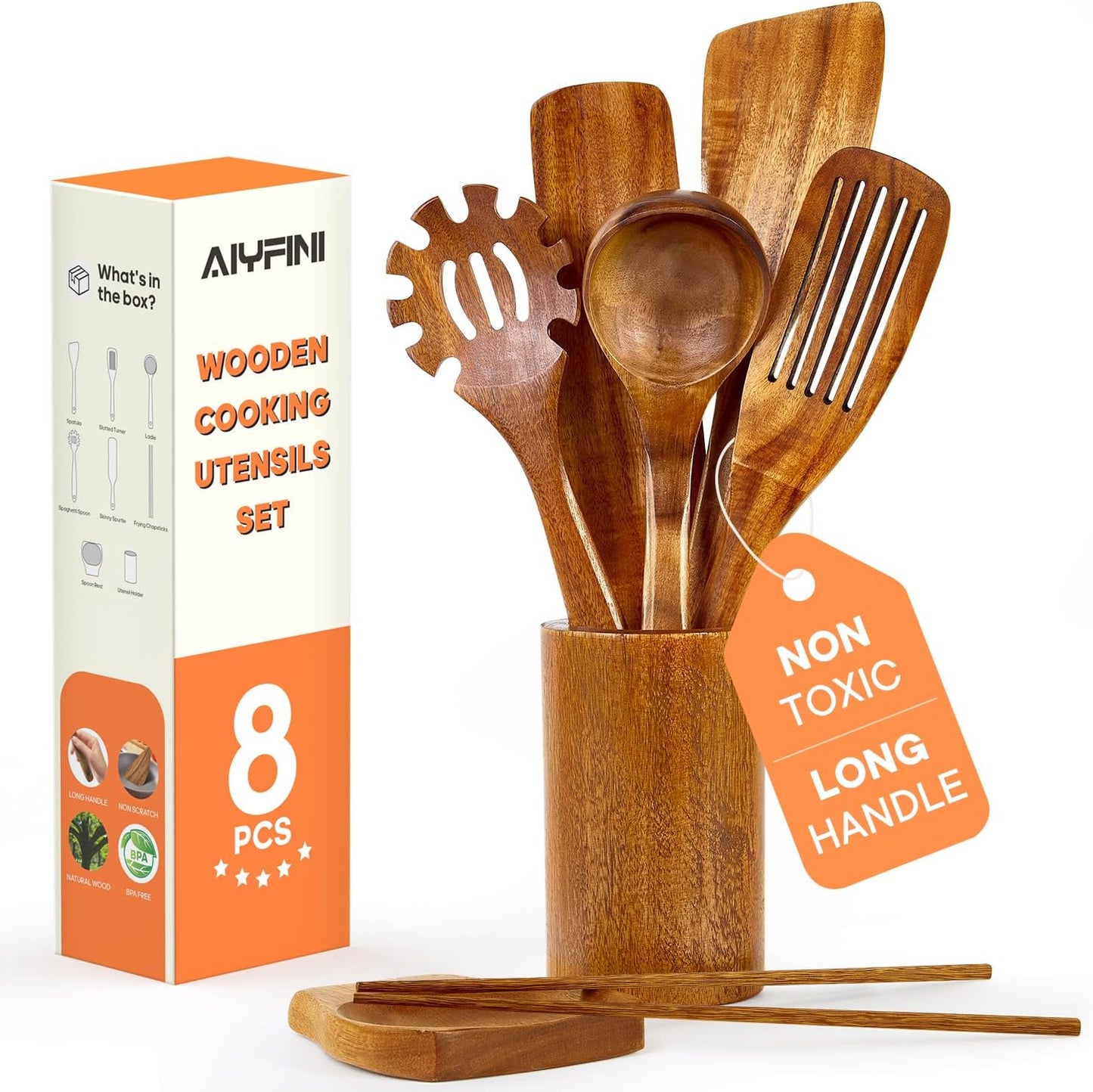 Skiennix Non-Toxic Wooden Kitchen Utensils Set - 15.4" Long Handle Spatula, Turner, Ladle & More