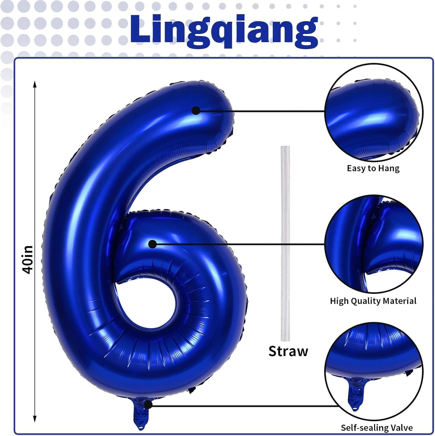 Royal Blue Number 6 Balloon - 40In Self-Inflating Foil Balloon for Boys' 6th Birthday Party