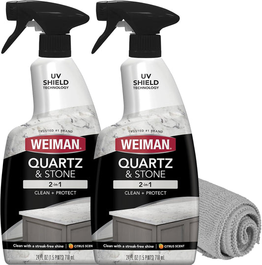 Weiman Quartz Countertop Cleaner - UV Protection for Stone Surfaces | 24 Ounce with Microfiber Towel, 2 Pack