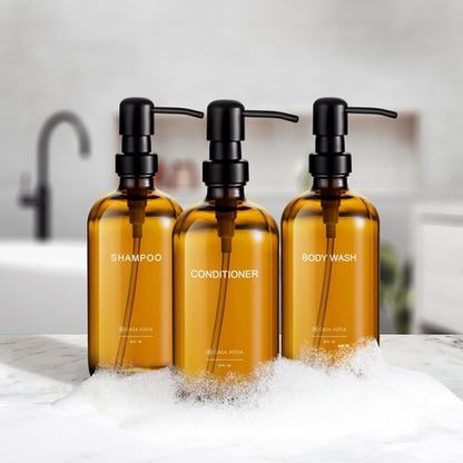 Casa Sofia Shampoo and Conditioner Dispenser | Refillable Shampoo Dispenser Bottles with Pump | Set of 3, 16 OZ Amber Glass Shower Soap Dispensers with Concrete Tray | Modern Bathroom Essentials