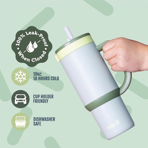 Ello Oasis 18oz Kids Tumbler - 100% Leakproof, Double-Wall Insulated Water Bottle | Avocado Color, BPA Free