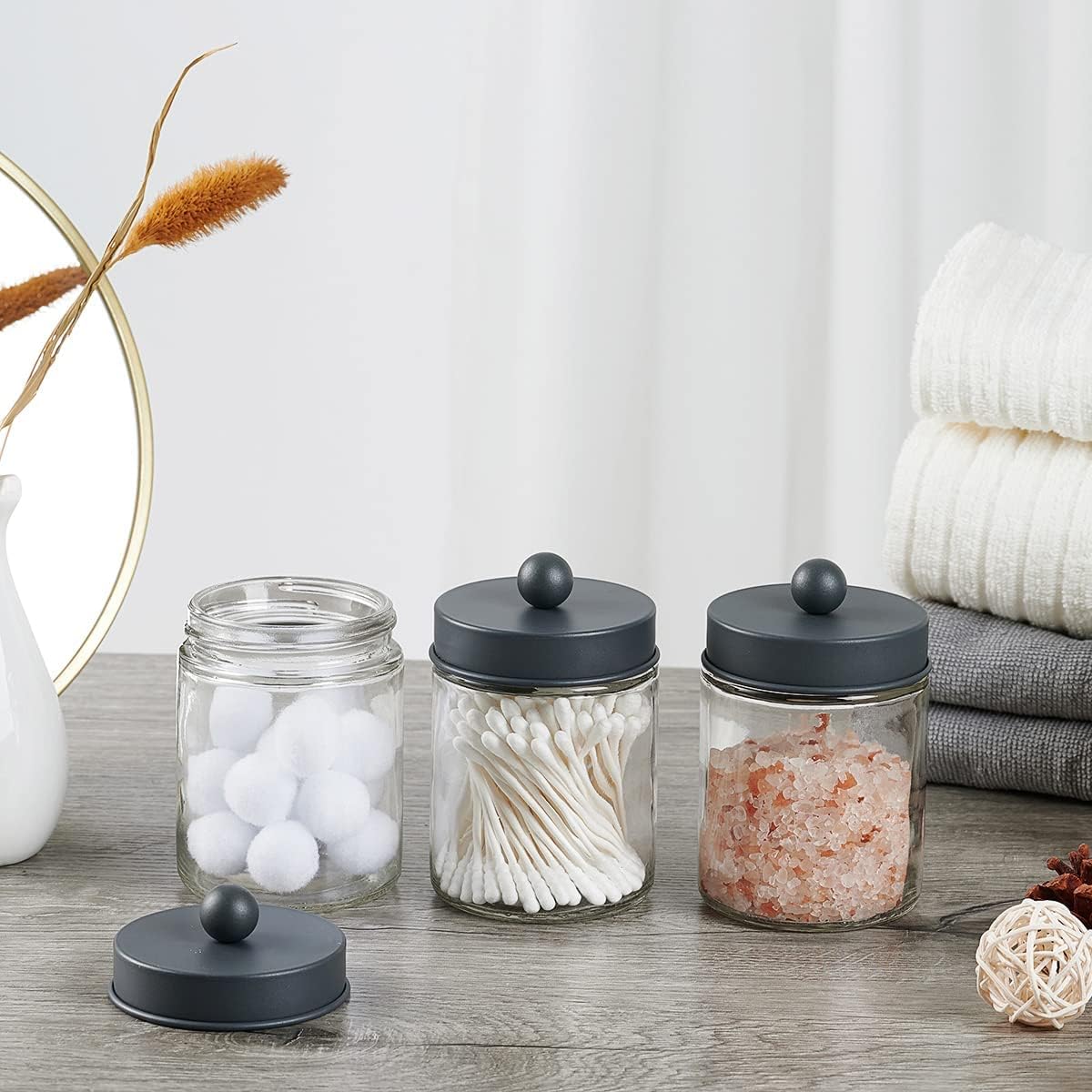 Amolliar Apothecary Jars - Stylish Bathroom Storage Organizer | Glass Canister with Lid for Q-Tips, Cotton Swabs & More - Grey (2 Pack)