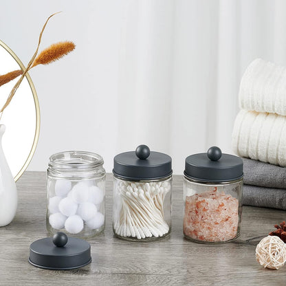 Amolliar Apothecary Jars - Stylish Bathroom Storage Organizer | Glass Canister with Lid for Q-Tips, Cotton Swabs & More - Grey (2 Pack)