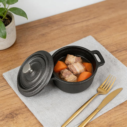 Skiennix Mini Dutch Oven - 6 Pcs Round Cast Iron Cocotte Pots with Lids & Dual Handles - 8 oz Black