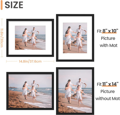 Upsimples 11x14 Picture Frame - Display 8x10 Photos with Mat or 11x14 Without Mat | Black Wall Hanging Decor
