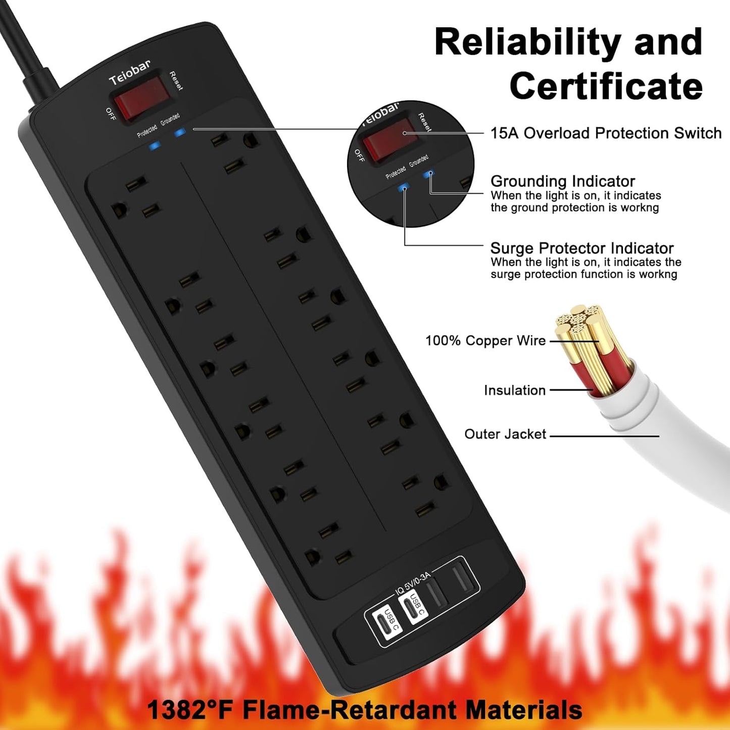 Teiobar 6 Ft Extension Cord Power Strip - Surge Protector with 12 AC Outlets & 4 USB Ports | Black, 1875W/15A, 2700 Joules