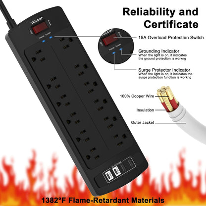 Teiobar 6 Ft Extension Cord Power Strip - Surge Protector with 12 AC Outlets & 4 USB Ports | Black, 1875W/15A, 2700 Joules