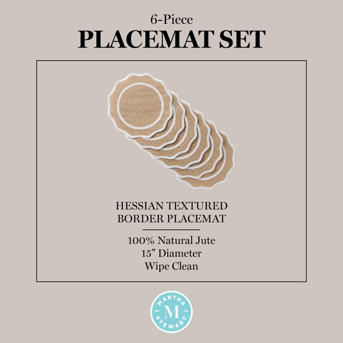 MARTHA STEWART Hessian Textured Wedge Border Placemats 6-Pack Set, 100% Natural Jute & Burlap, Woven Scallop Border Placemat, Natural/White, 15”x15” Round