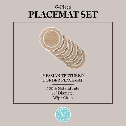 MARTHA STEWART Hessian Textured Wedge Border Placemats 6-Pack Set, 100% Natural Jute & Burlap, Woven Scallop Border Placemat, Natural/White, 15”x15” Round