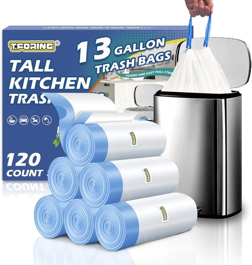 13 Gallon Trash Bags - Drawstring White Garbage Bags | 120 Count, 1.7 Mil Thick, Tear-Resistant for Kitchen & Household Use