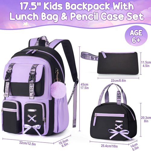 Fimibuke Girls' Backpack Set - 3 PCS Waterproof Design with Lunch Box & Pencil Case | Perfect for School & Travel