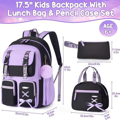Fimibuke Girls' Backpack Set - 3 PCS Waterproof Design with Lunch Box & Pencil Case | Perfect for School & Travel