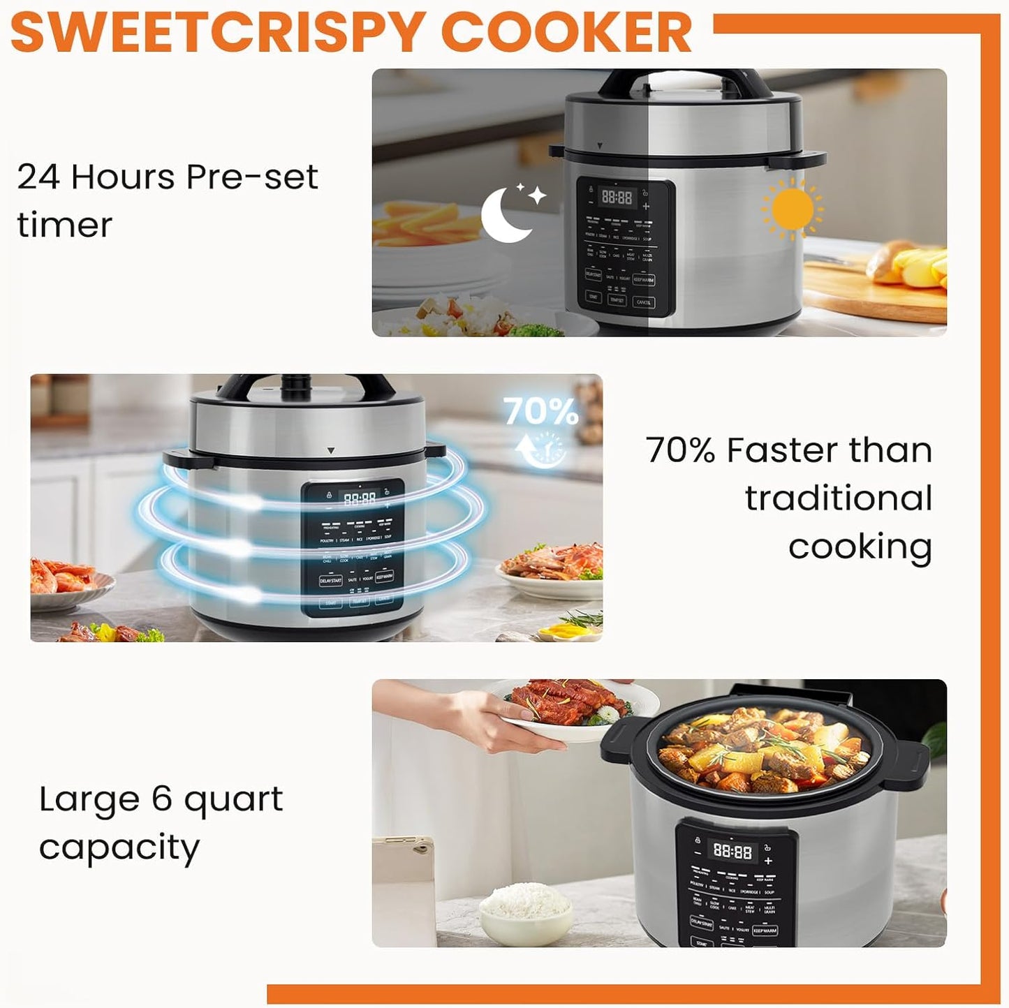 Sweetcrispy 6 QT Electric Pressure Cooker - 12-in-1 Multi-Function Digital Cooker | Stainless Steel Silver