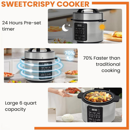 Sweetcrispy 6 QT Electric Pressure Cooker - 12-in-1 Multi-Function Digital Cooker | Stainless Steel Silver