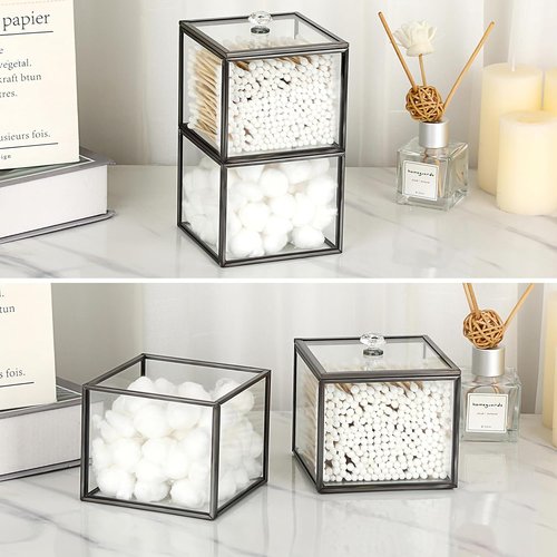 Hipiwe Glass Qtip Holder Dispenser - 2-Tier Stackable Apothecary Jar with Lid | Clear Bathroom Organizer for Cotton Balls & Swabs