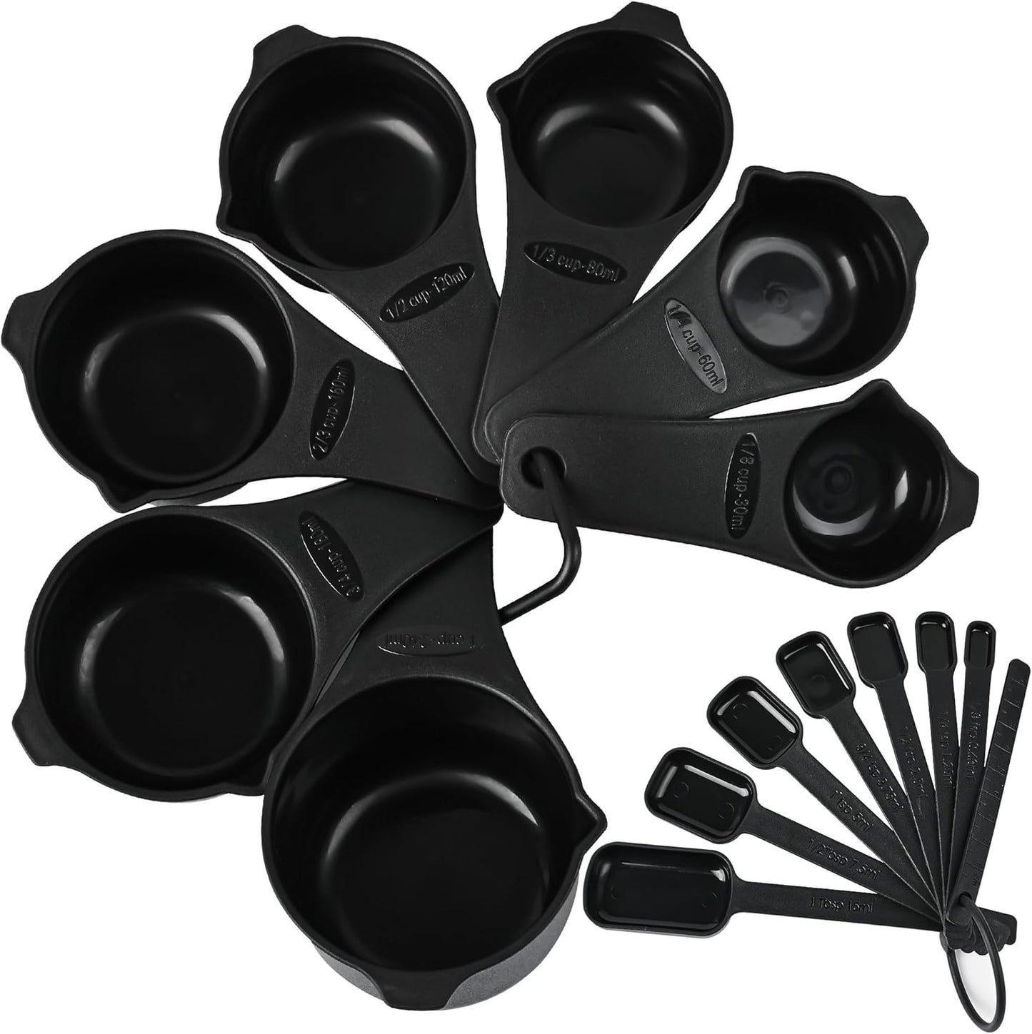 Skiennix Measuring Cups and Spoons Set - 15-Piece Plastic Kitchen Tools with Long Handle Spoons & Leveler - Black