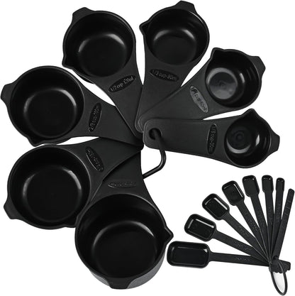 Skiennix Measuring Cups and Spoons Set - 15-Piece Plastic Kitchen Tools with Long Handle Spoons & Leveler - Black