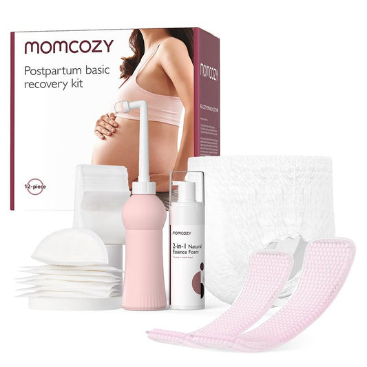 Momcozy Postpartum Recovery Essentials Kit, Labor Delivery Mom Care Kit, Self-Absorbent Disposable Underwear Nipple Nursing Pads Upside Down Peri Bottle Cold Pads Cooling Foam Canvas Bag Set