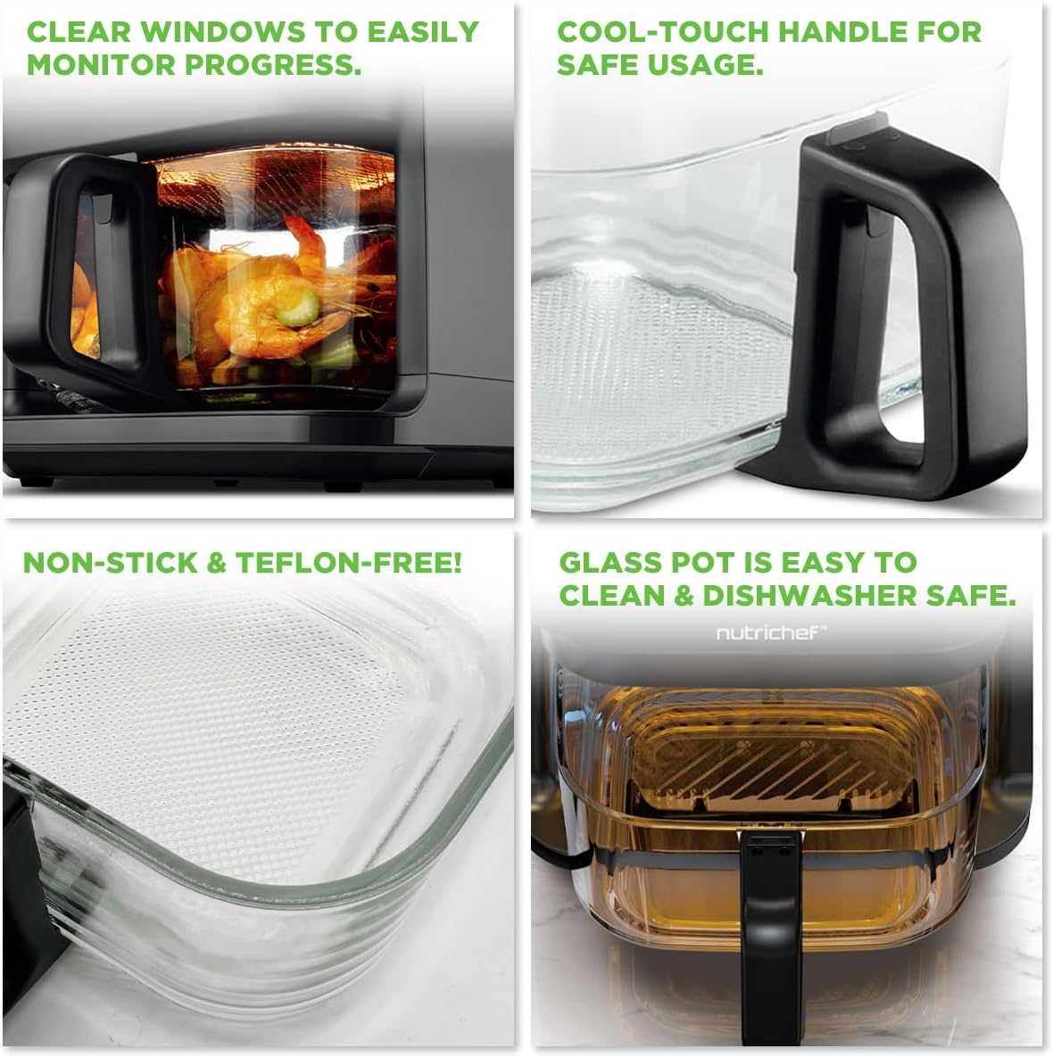 Nutrichef 5.8 Quart Air Fryer - 8-in-1 Preset Cooking Modes | Transparent Fry Bowl for Perfect Results | Grey