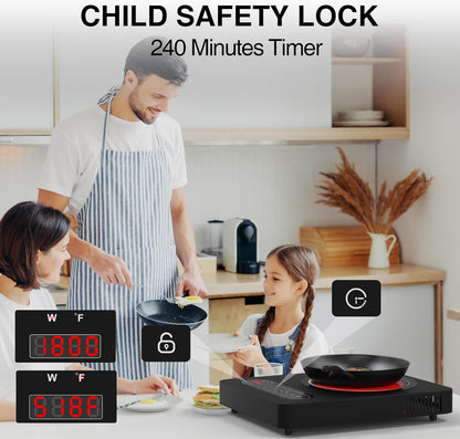 Skiennix Single Burner Electric Cooktop - 1800W Portable Stove with LED Touch Control & Safety Features