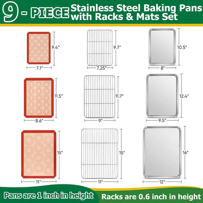 TeamFar Stainless Steel Baking Sheet Set - 9-Piece with Racks & Silicone Mats | 10.5/12.5/16 Inch Easy Clean