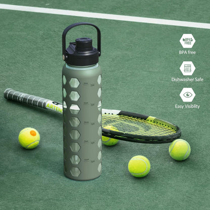 MUKOKO 24oz Glass Water Bottle - Motivational Tumbler with Time Markers & Silicone Sleeve | Olive