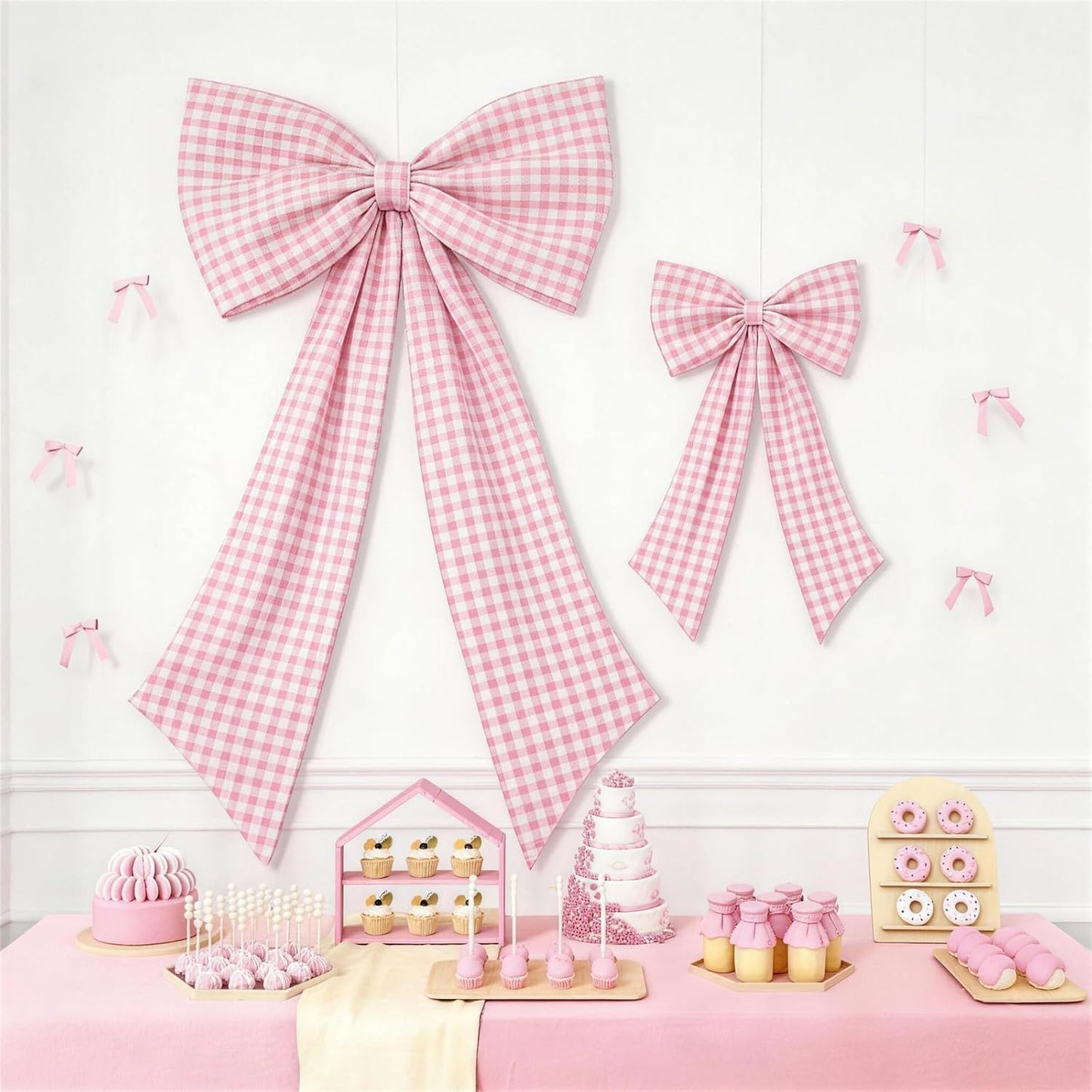 One Silly Goose Pink Checkered Bow Decor - 2 Pack of Large & Small Blue and White Backdrop for Girls' Parties