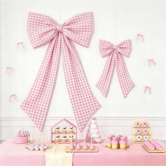 One Silly Goose Pink Checkered Bow Decor - 2 Pack of Large & Small Blue and White Backdrop for Girls' Parties