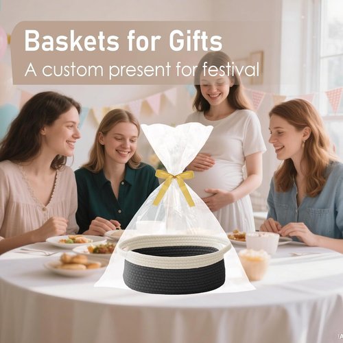 JMvicyroam Woven Storage Baskets - Small Rope Bins with Handles for Organizing | White & Black, 2-Pack