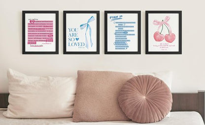 DSHFG Christian Wall Art - Trendy Pink & Blue Cherry Bow Decor | Set of 4 Bible Verse Prints 8x10