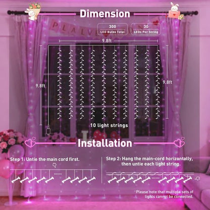 JMEXSUSS 300 LED Curtain Lights - Remote-Controlled Pink String Lights for Bedroom & Party | 9.8x9.8ft Indoor/Outdoor Decor