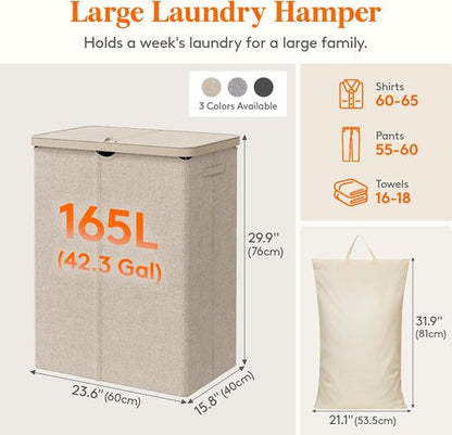 Lifewit Large 165L Laundry Basket - Foldable Hamper with Lid & Removable Bag | Beige