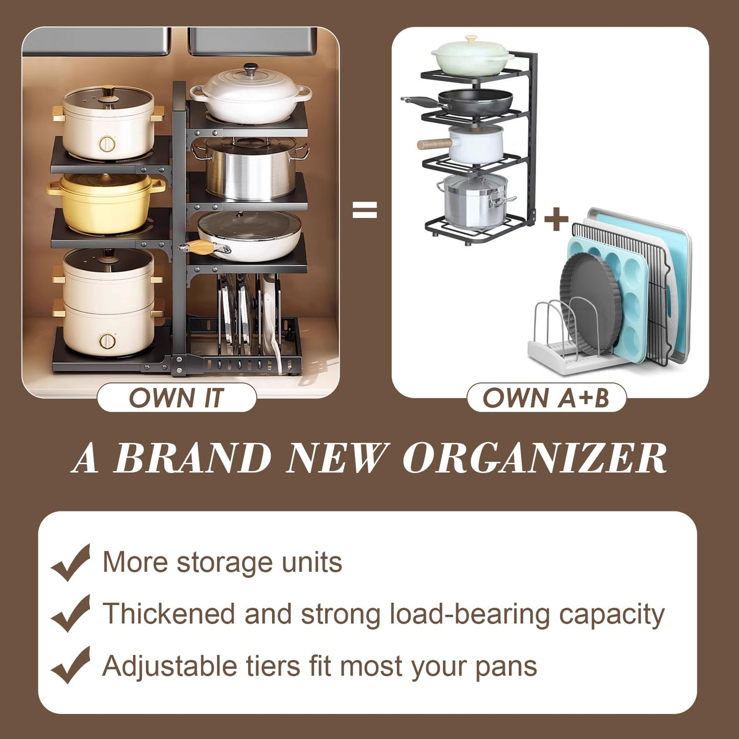 XPIY Pots and Pans Organizer under Cabinet, Cutting Board Pot Lid Storage Rack with 7 Adjustable Tiers and 10 Storage Units, Pan Holder under Sink, 25% Thicker Kitchen Metal Heavy Duty Pan Organizer