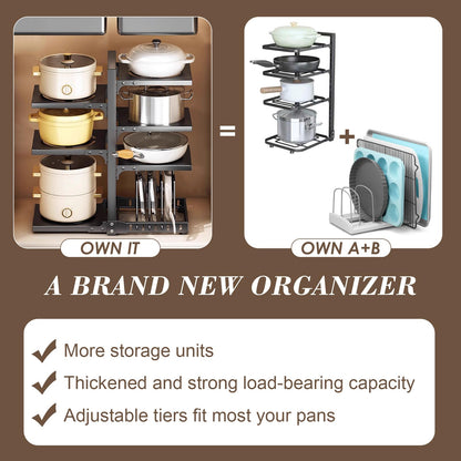 XPIY Pots and Pans Organizer under Cabinet, Cutting Board Pot Lid Storage Rack with 7 Adjustable Tiers and 10 Storage Units, Pan Holder under Sink, 25% Thicker Kitchen Metal Heavy Duty Pan Organizer