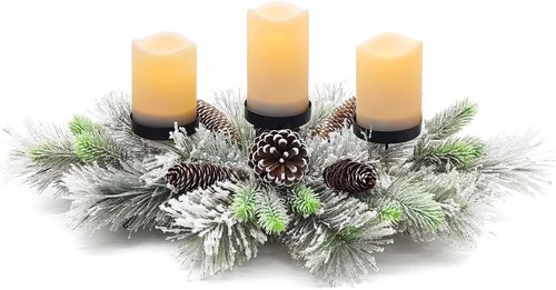 Handcrafted Christmas Centerpiece by [Brand Name] - Snowy Pine Cones & Candle Holders for Dining Table | 27.5 in