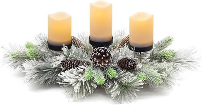 Handcrafted Christmas Centerpiece by [Brand Name] - Snowy Pine Cones & Candle Holders for Dining Table | 27.5 in