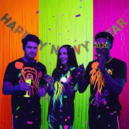 Mega-L Glow In The Dark Party Supplies - 3 Pack Neon Tinsel Foil Fringe Curtains | 9.9 x 6.6 ft Backdrop for Birthday & New Year's Eve Celebrations