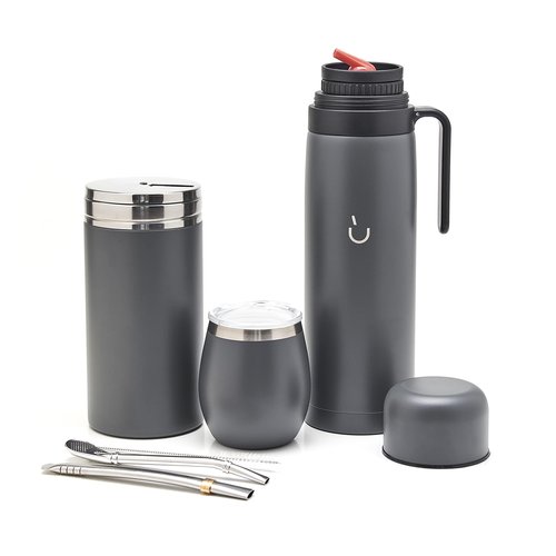 BALIBETOV Complete Yerba Mate Set - Modern Mate Gourd, Thermos, Yerba Container, Bombilla and Cleaning Brush Included - All Premium Quality 304 18/8 Stainless Steel (GRAY)