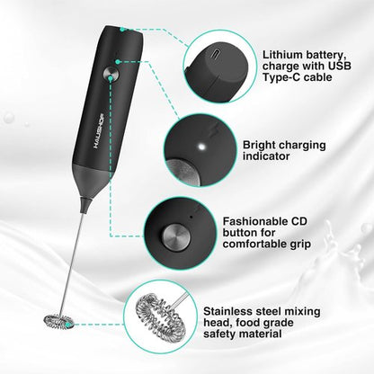 HAUSHOF Powerful Rechargeable Milk Frother Wand, Handheld Electric Foam Maker, Drink Mixer with Detachable Stainless Steel Whisk for Coffee Latte, Cappuccino, Matcha, No Stand, Black