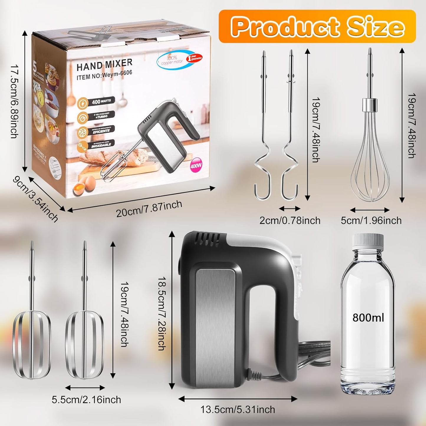 Skiennix 5-Speed Hand Mixer - Ultra-Powerful Electric Mixer with Turbo Function & 5 Attachments