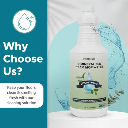 Steam & Go Demineralized Water - Ready-to-Use Eucalyptus Mint Cleaner for Steam Mops | 32 oz