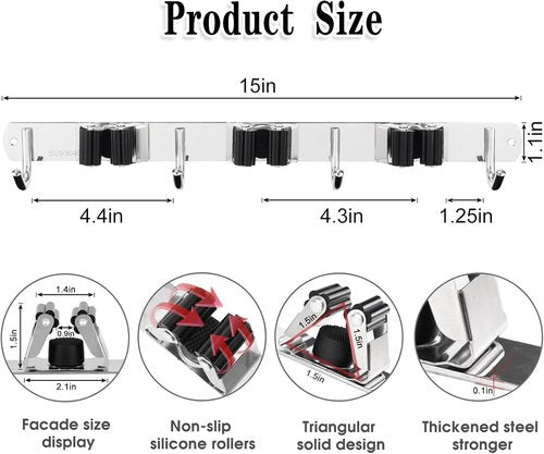 AceMining Wall Mounted Broom and Mop Holder | 5 Racks & 4 Hooks | Heavy Duty Stainless Steel Storage Solution