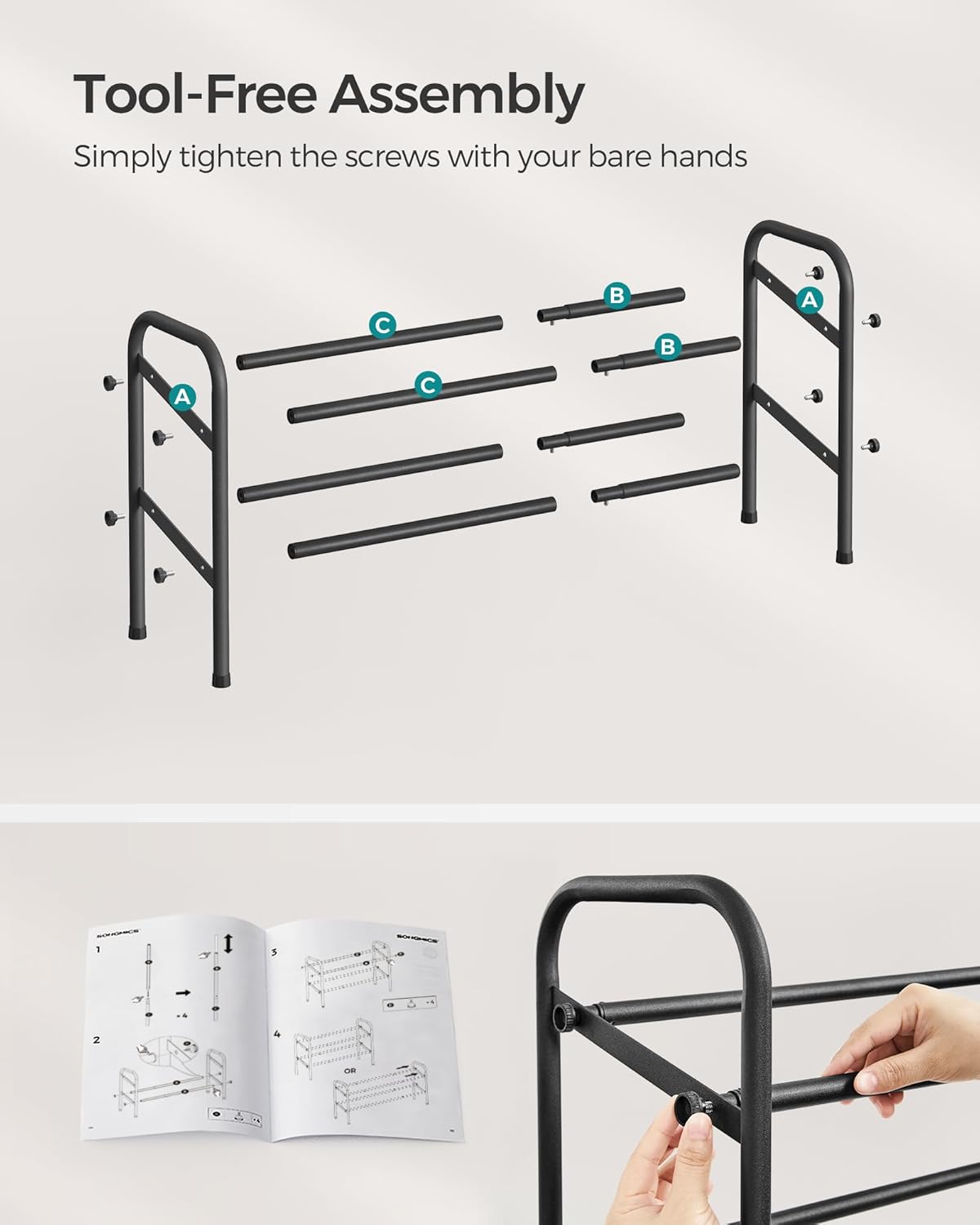 SONGMICS Expandable Shoe Rack - Adjustable 2-Tier Organizer for 15 Pairs - Metal Free Standing, Ink Black