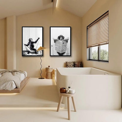 Funny Monkey Painting Poster - Framed Black and White Canvas Art | 12" x 16" for Kids' Bathroom & Bedroom Decor